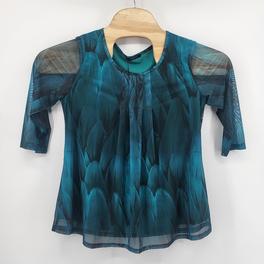 VALOLIA Women's Teal‎ Feather Print Mesh Overlay Pleated Top Blouse Medium new